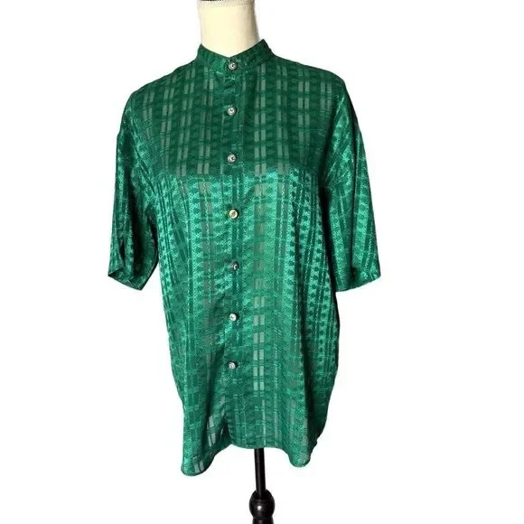 Virgola Italia Shirt Medium Green ShortSleeve Button Up Geometric Collared Retro - Picture 2 of 9